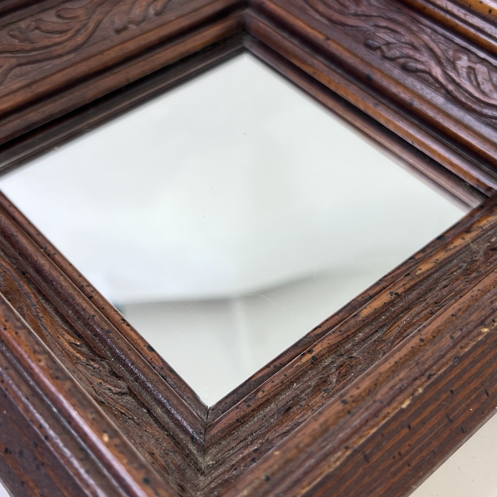 Carved Wood Square Wall Mirror 8x8 Brown Frame Diamond Hang Option - Picture 2 of 13